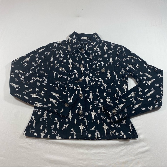 New Identity Crop Dog Print Jacket Button Down Black White print Denim Jacket Sm - Picture 5 of 9